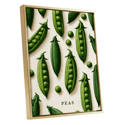 Peas in Pattern, green, beige, white nature wall art shown as a gold framed canvas wall art