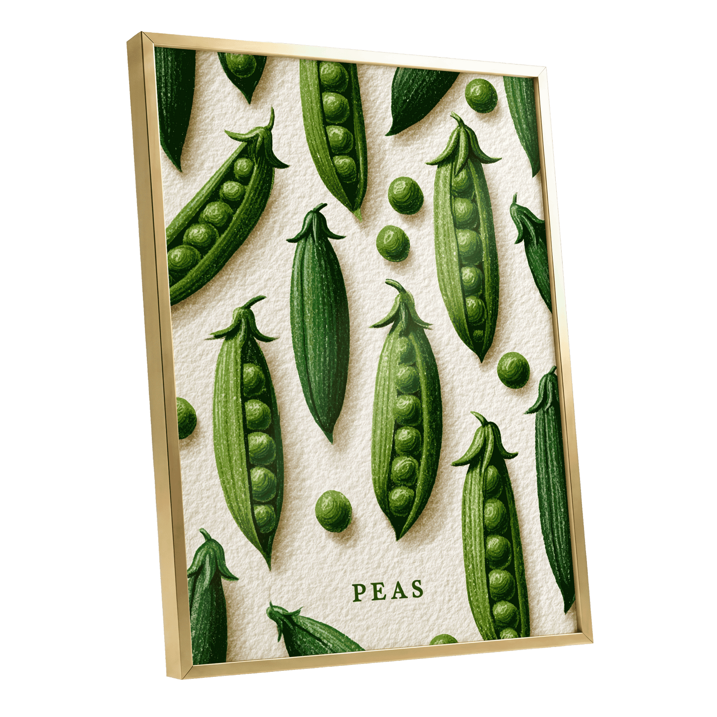 Peas in Pattern, green, beige, white nature wall art shown as a gold framed poster wall art print
