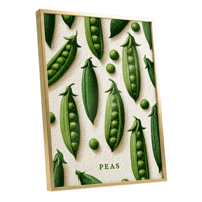 Peas in Pattern, green, beige, white nature wall art shown as a gold framed poster wall art print