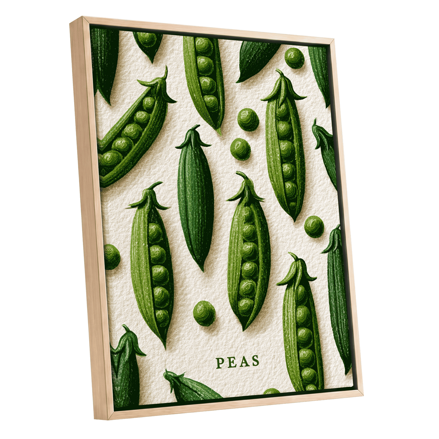 Peas in Pattern, green, beige, white nature wall art shown as a oak framed canvas wall art