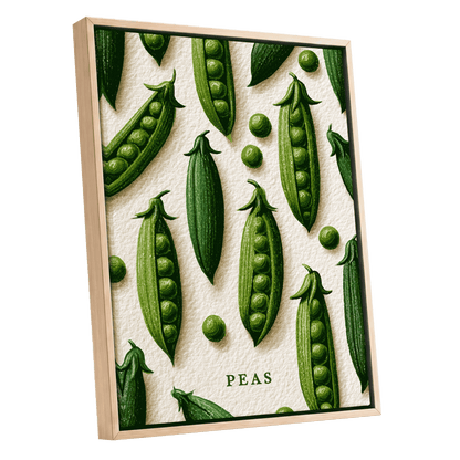 Peas in Pattern, green, beige, white nature wall art shown as a oak framed canvas wall art