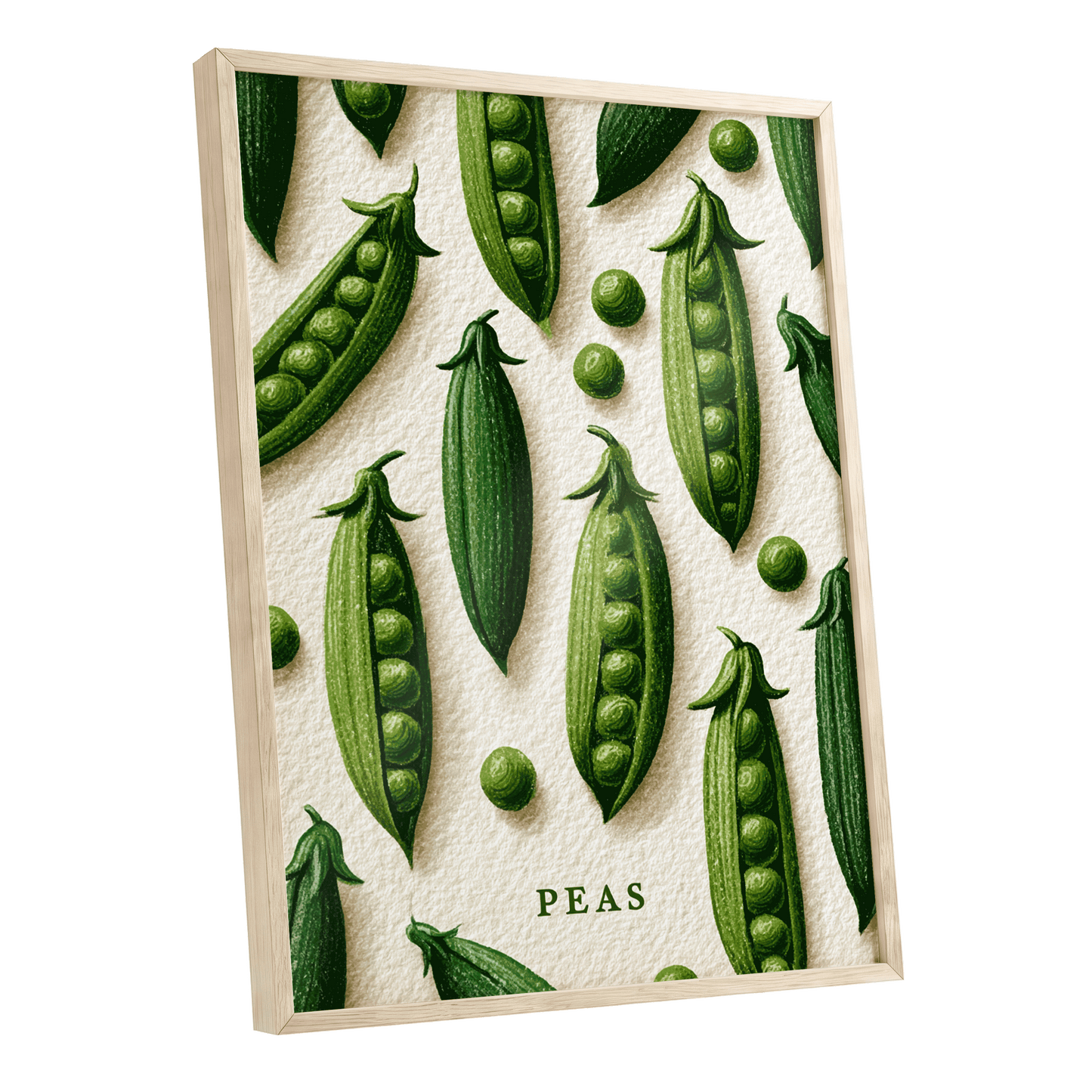 Peas in Pattern, green, beige, white nature wall art shown as a oak framed poster wall art print