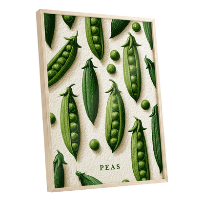 Peas in Pattern, green, beige, white nature wall art shown as a oak framed poster wall art print