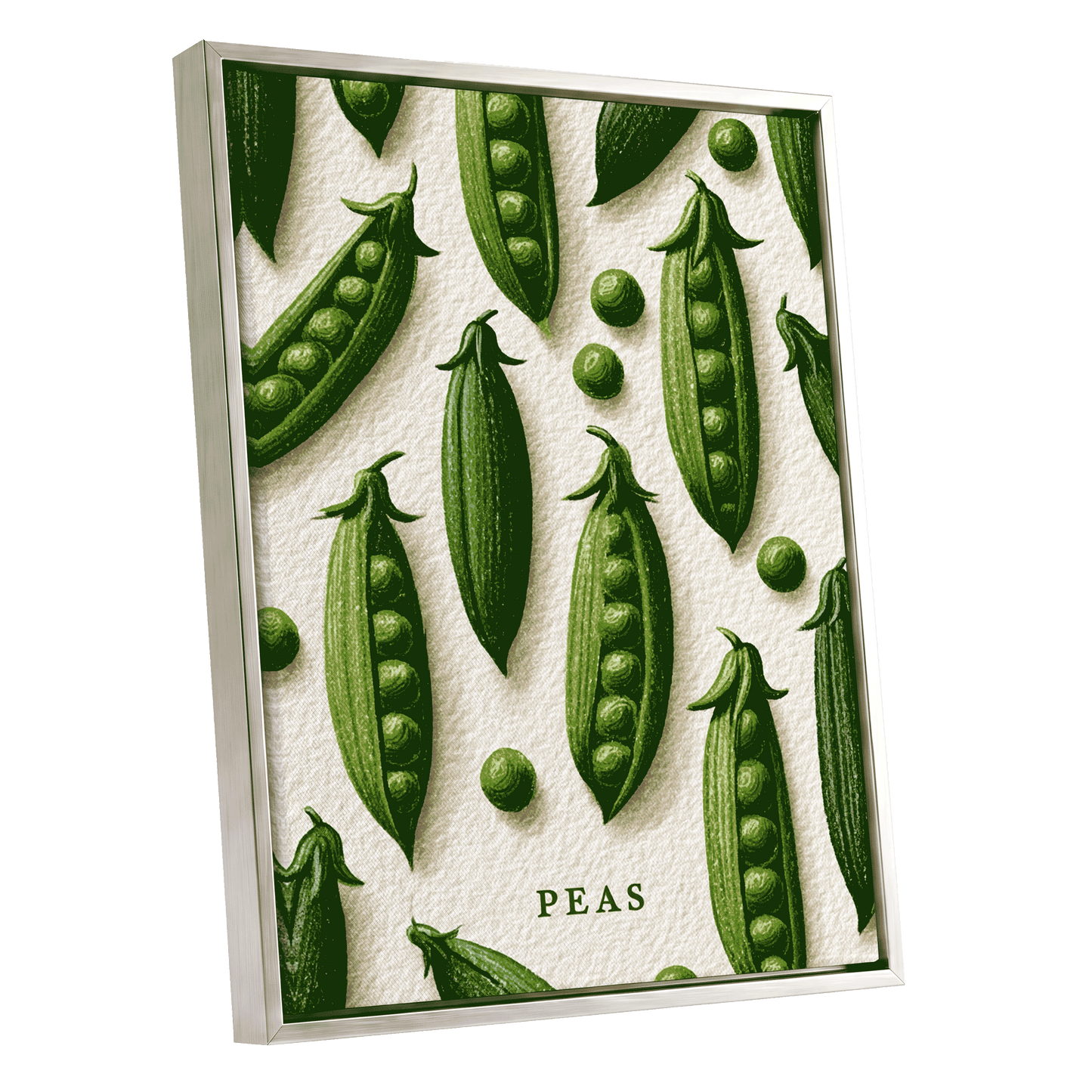 Peas in Pattern, green, beige, white nature wall art shown as a silver framed canvas wall art