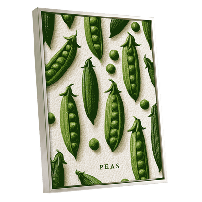 Peas in Pattern, green, beige, white nature wall art shown as a silver framed canvas wall art