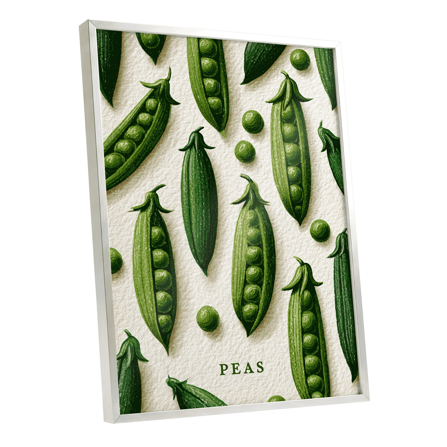 Peas in Pattern, green, beige, white nature wall art shown as a silver framed poster wall art print