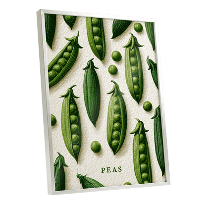 Peas in Pattern, green, beige, white nature wall art shown as a silver framed poster wall art print