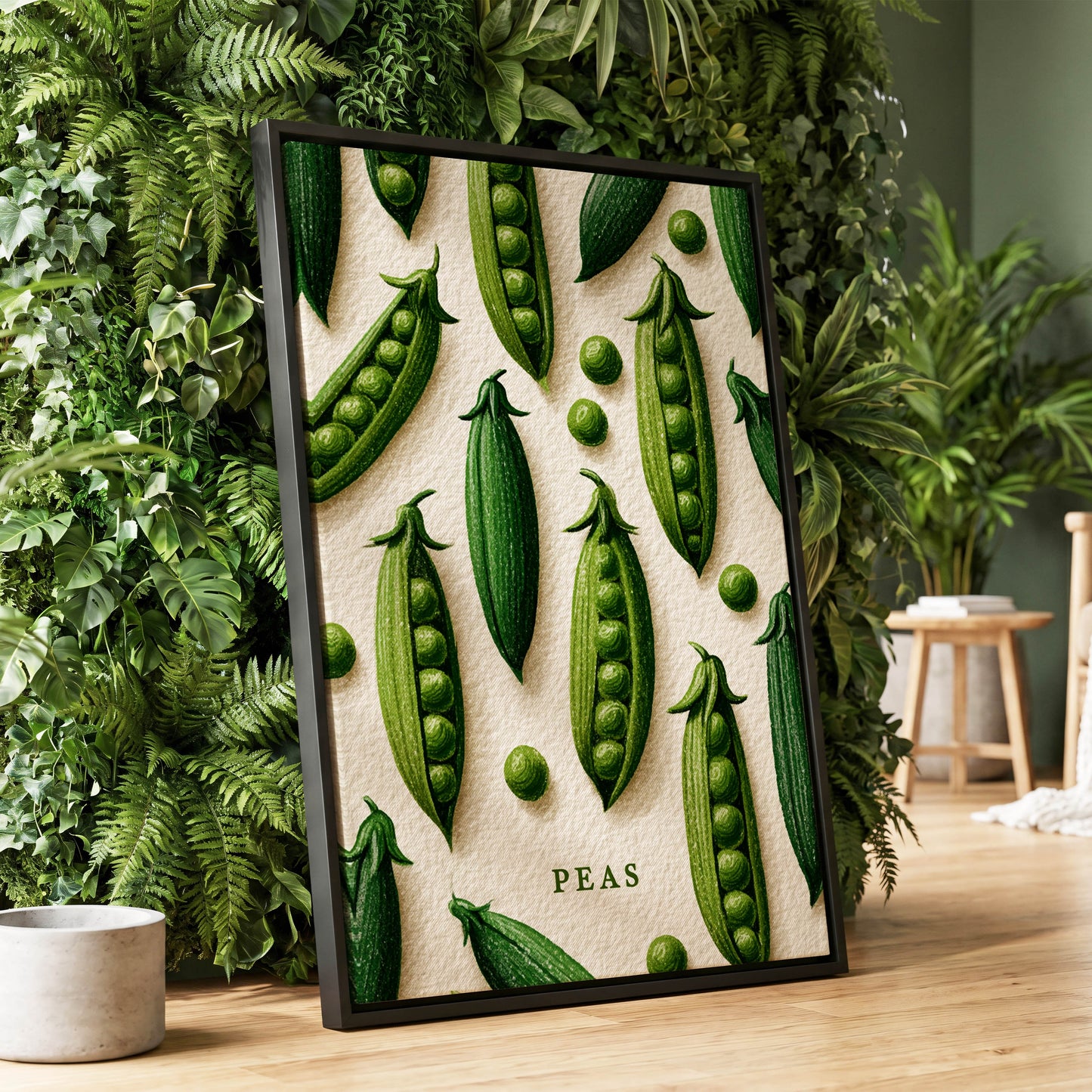 Peas in Pattern, green, beige, white nature wall art displayed in a styled interior, gallery view 1