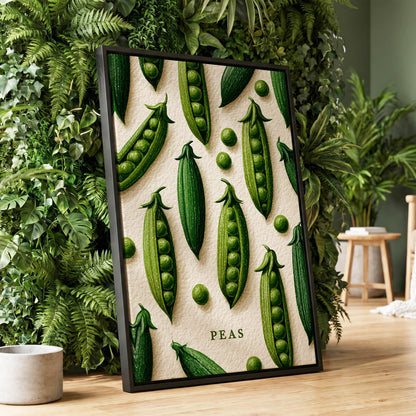 Peas in Pattern, green, beige, white nature wall art displayed in a styled interior, gallery view 1