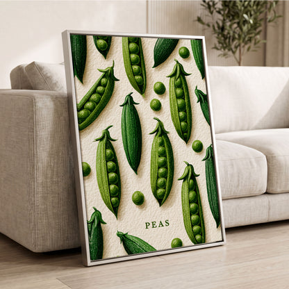 Peas in Pattern, green, beige, white nature wall art displayed in a styled interior, gallery view 2