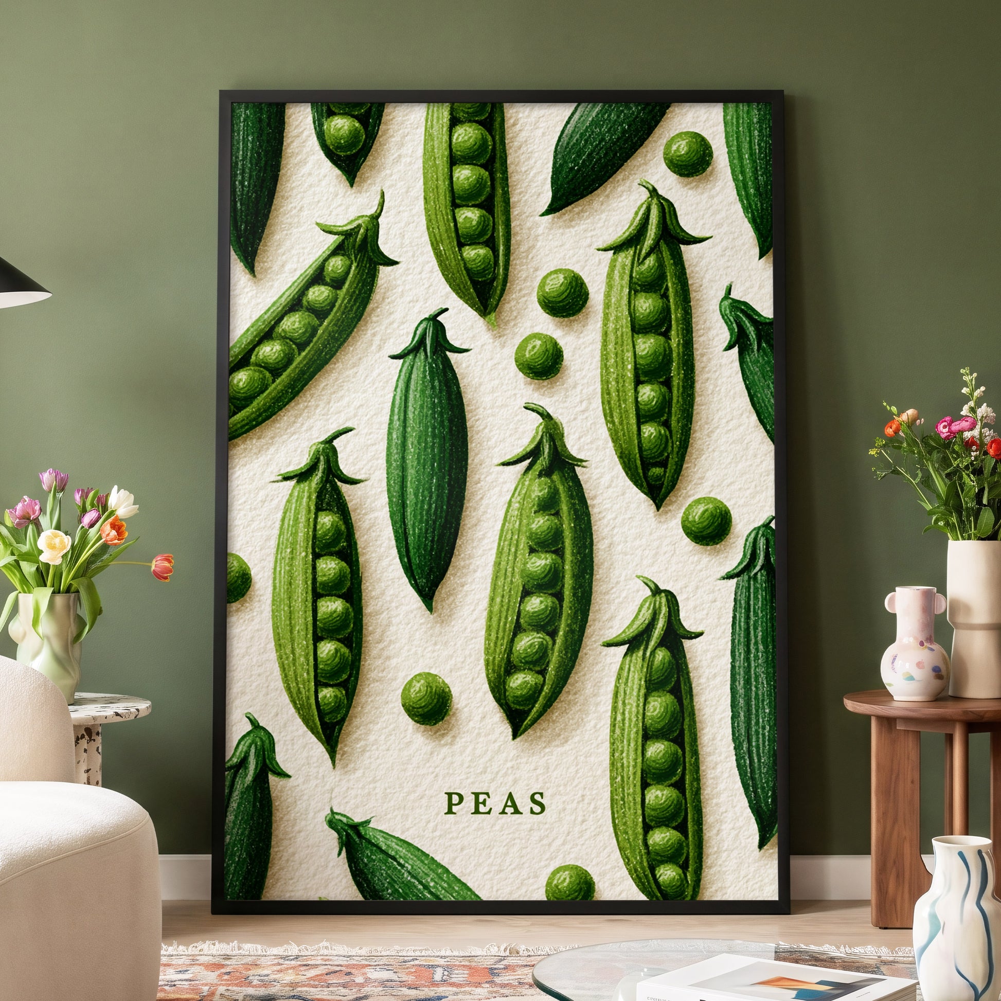 Peas in Pattern, green, beige, white nature wall art displayed in a styled interior, gallery view 4
