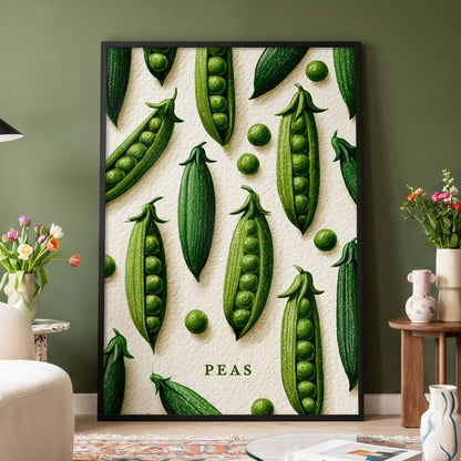 Peas in Pattern, green, beige, white nature wall art displayed in a styled interior, gallery view 4