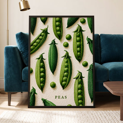 Peas in Pattern, green, beige, white nature wall art displayed in a styled interior, gallery view 5