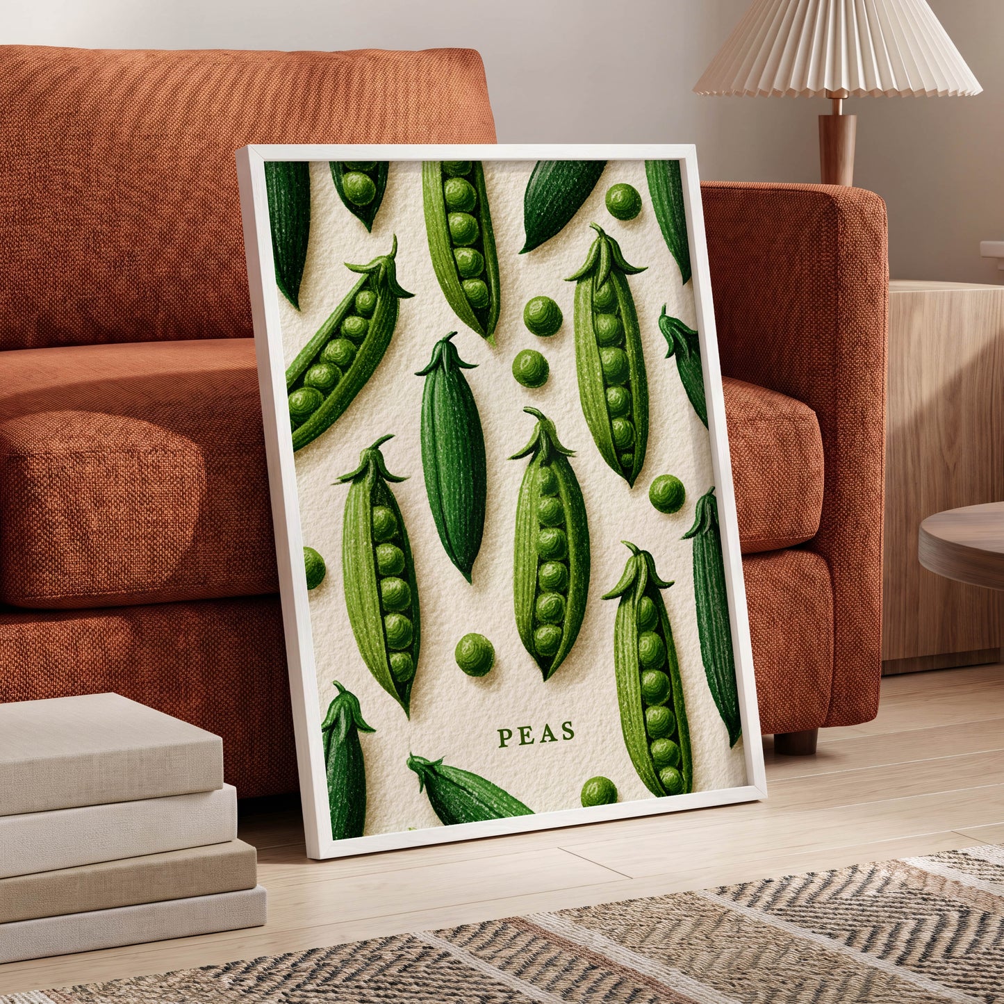 Peas in Pattern, green, beige, white nature wall art displayed in a styled interior, gallery view 6