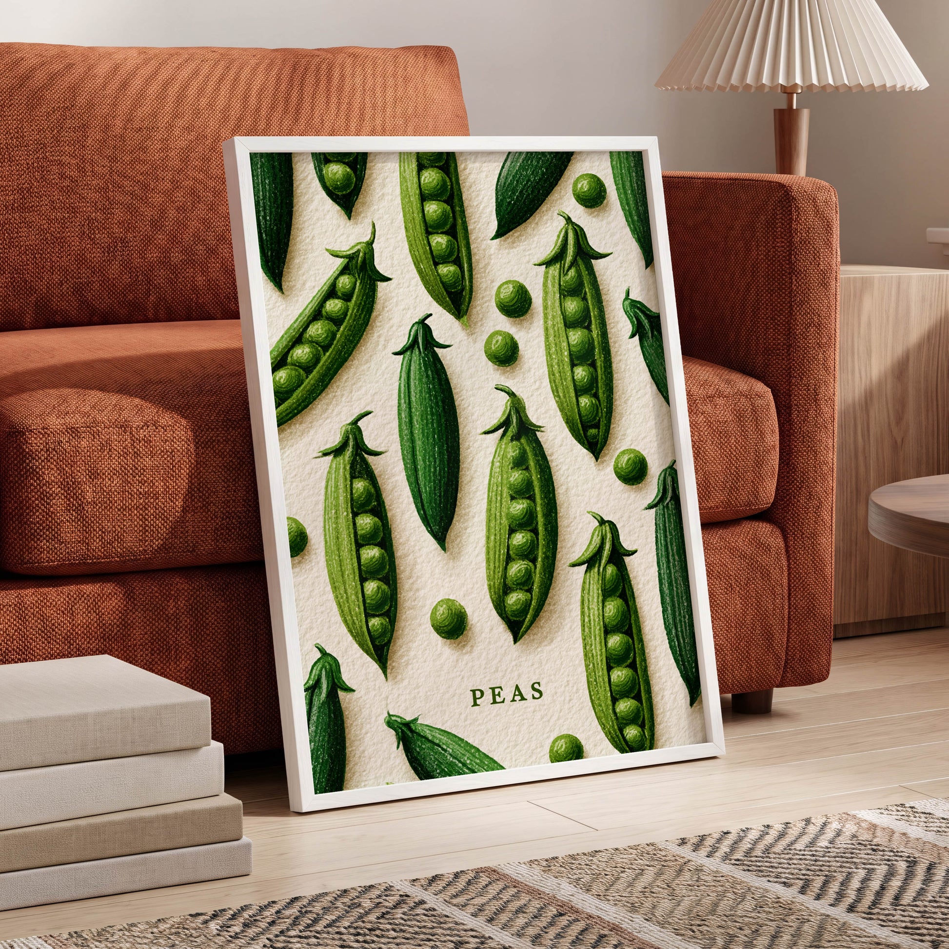 Peas in Pattern, green, beige, white nature wall art displayed in a styled interior, gallery view 6