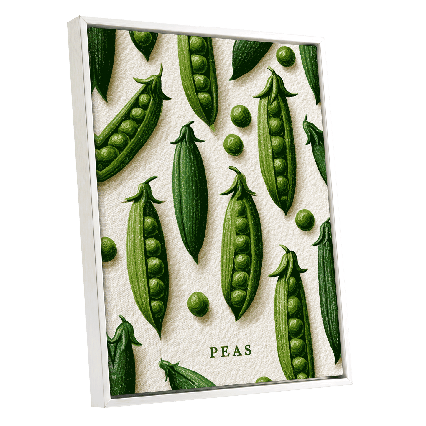 Peas in Pattern, green, beige, white nature wall art shown as a white framed canvas wall art