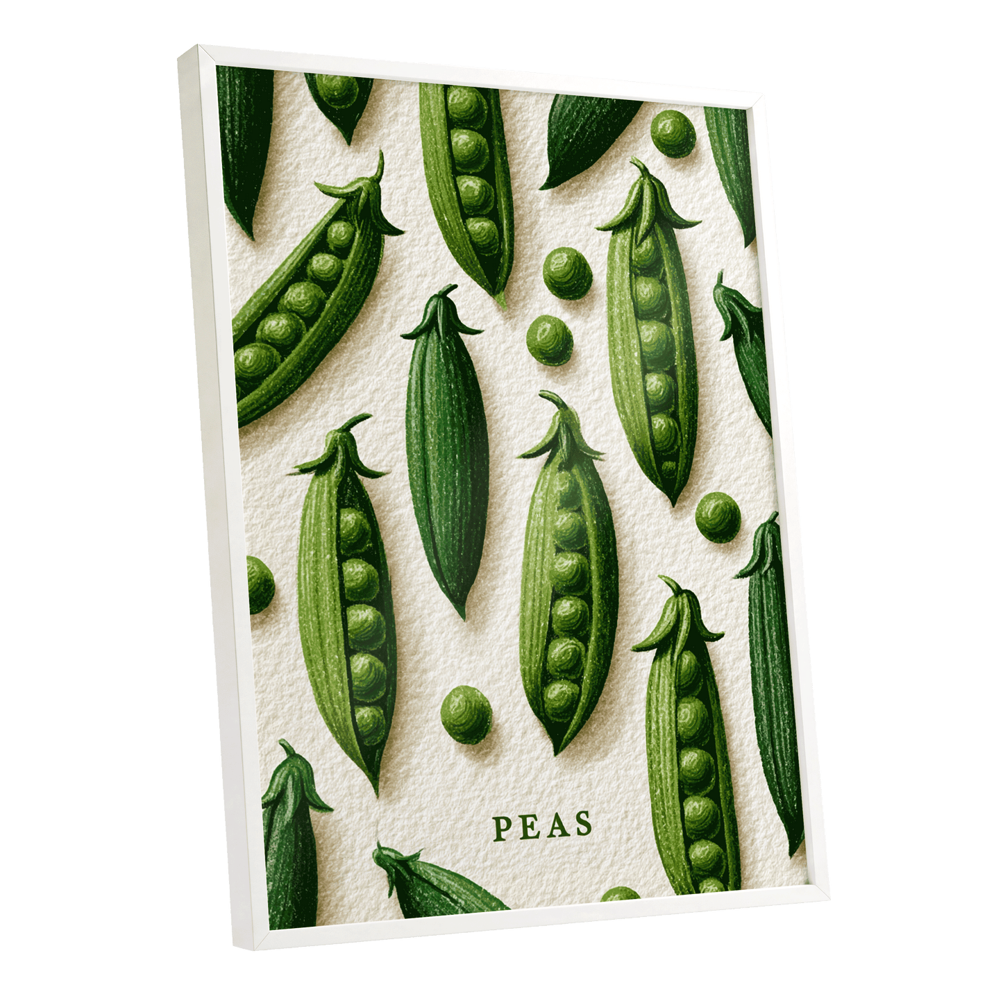 Peas in Pattern, green, beige, white nature wall art shown as a white framed poster wall art print