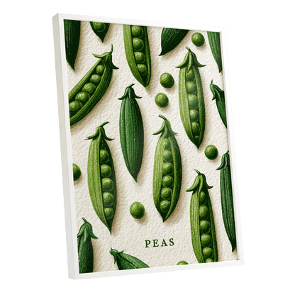 Peas in Pattern, green, beige, white nature wall art shown as a white framed poster wall art print