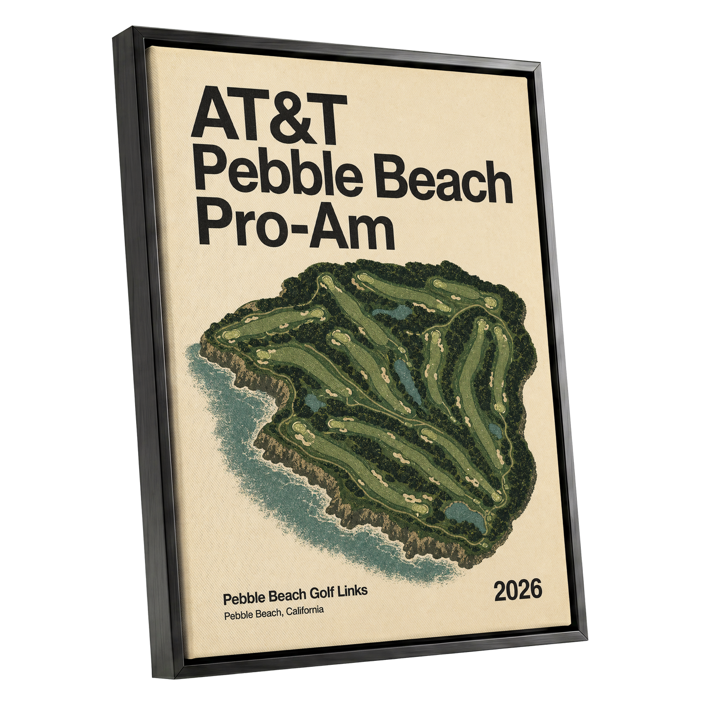 Pebble Beach Fairways, beige, green, black nature wall art shown as a black framed canvas wall art