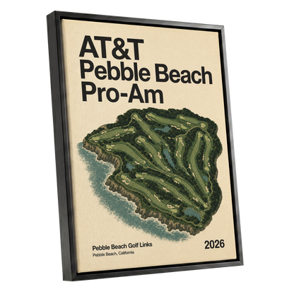 Pebble Beach Fairways, beige, green, black nature wall art shown as a black framed canvas wall art