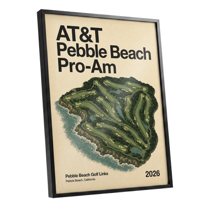 Pebble Beach Fairways, beige, green, black nature wall art shown as a black framed poster wall art print