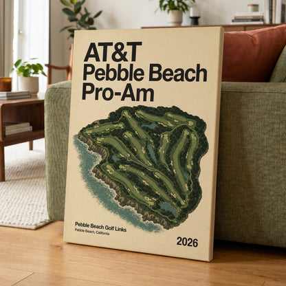 Pebble Beach Fairways, beige, green, black nature wall art on canvas displayed in a styled interior, gallery view 1
