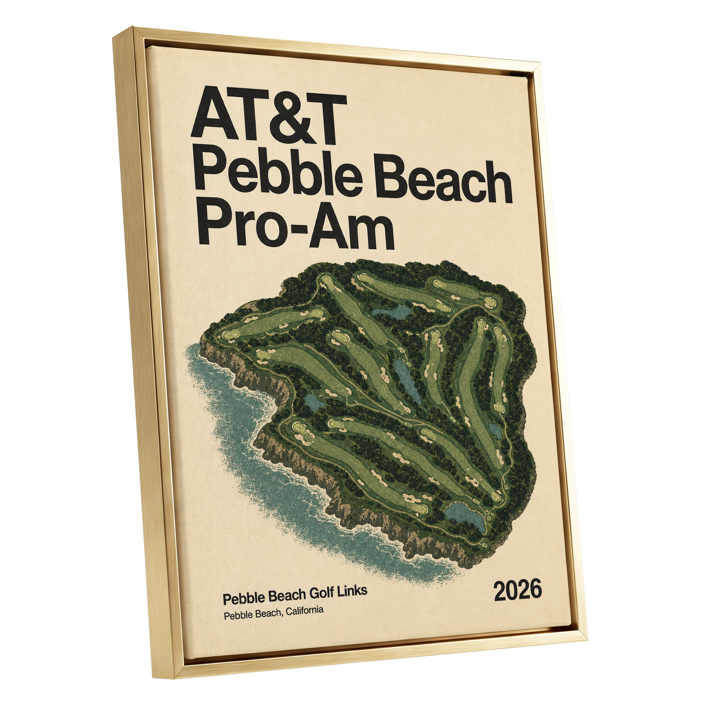 Pebble Beach Fairways, beige, green, black nature wall art shown as a gold framed canvas wall art