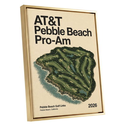 Pebble Beach Fairways, beige, green, black nature wall art shown as a gold framed canvas wall art