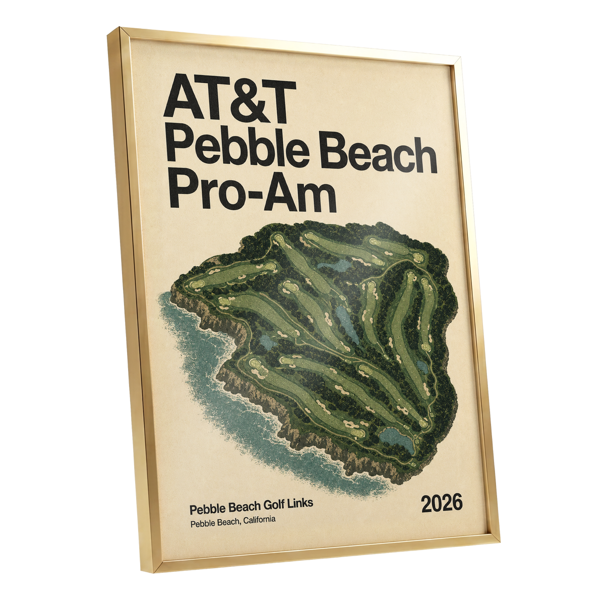 Pebble Beach Fairways, beige, green, black nature wall art shown as a gold framed poster wall art print