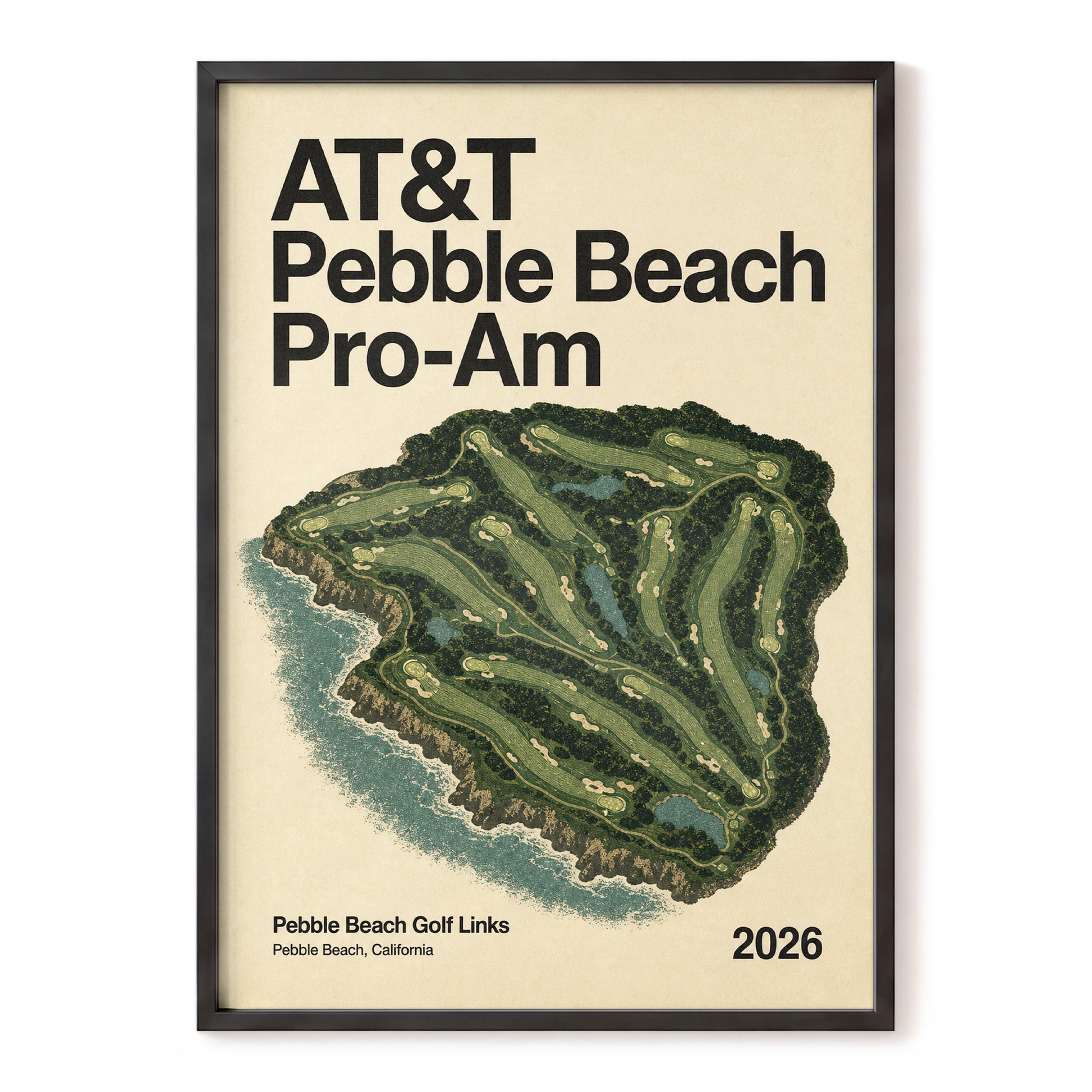 Pebble Beach Fairways, beige, green, black nature wall art, front artwork view