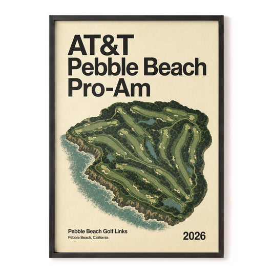 Pebble Beach Fairways, beige, green, black nature wall art, front artwork view