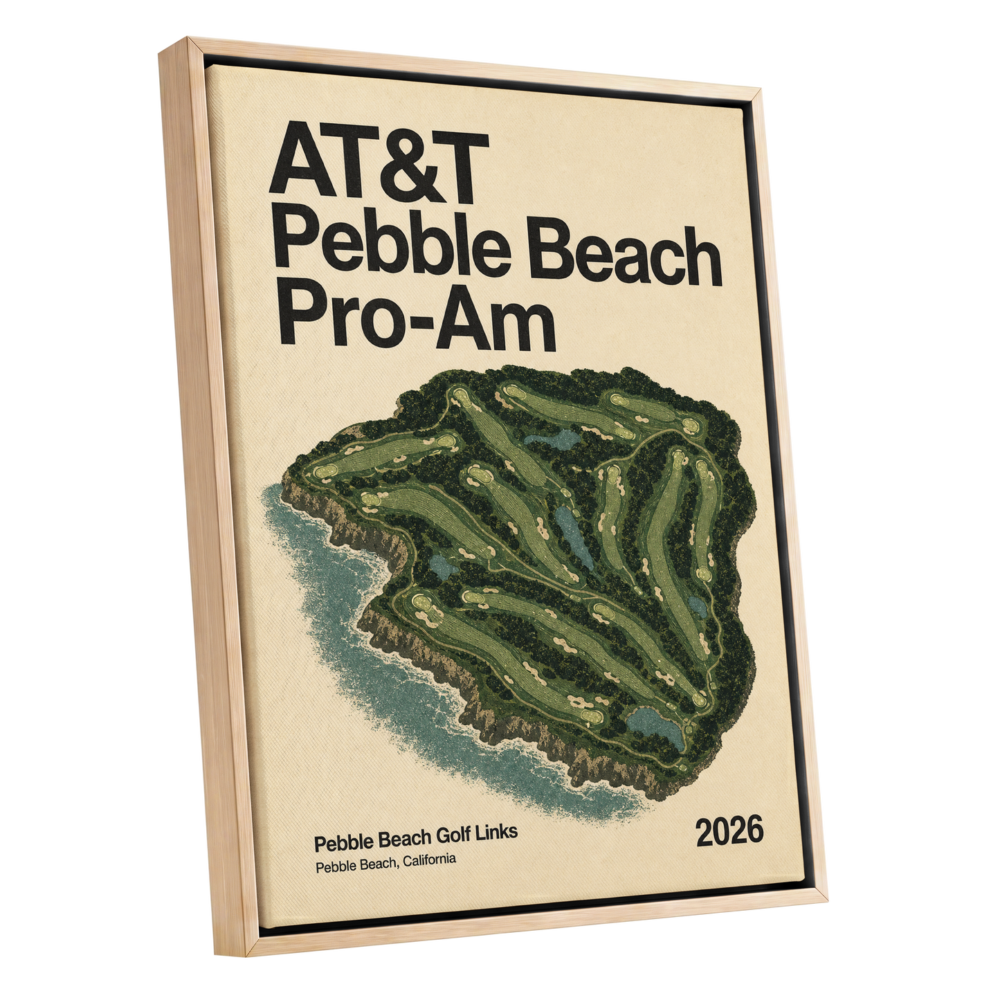 Pebble Beach Fairways, beige, green, black nature wall art shown as a oak framed canvas wall art