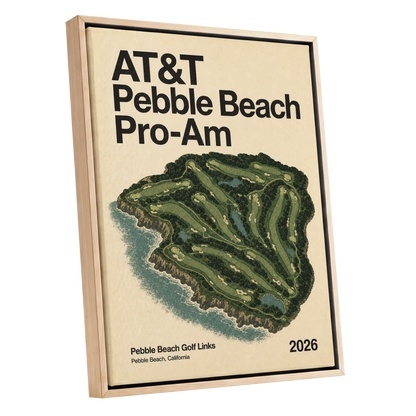 Pebble Beach Fairways, beige, green, black nature wall art shown as a oak framed canvas wall art