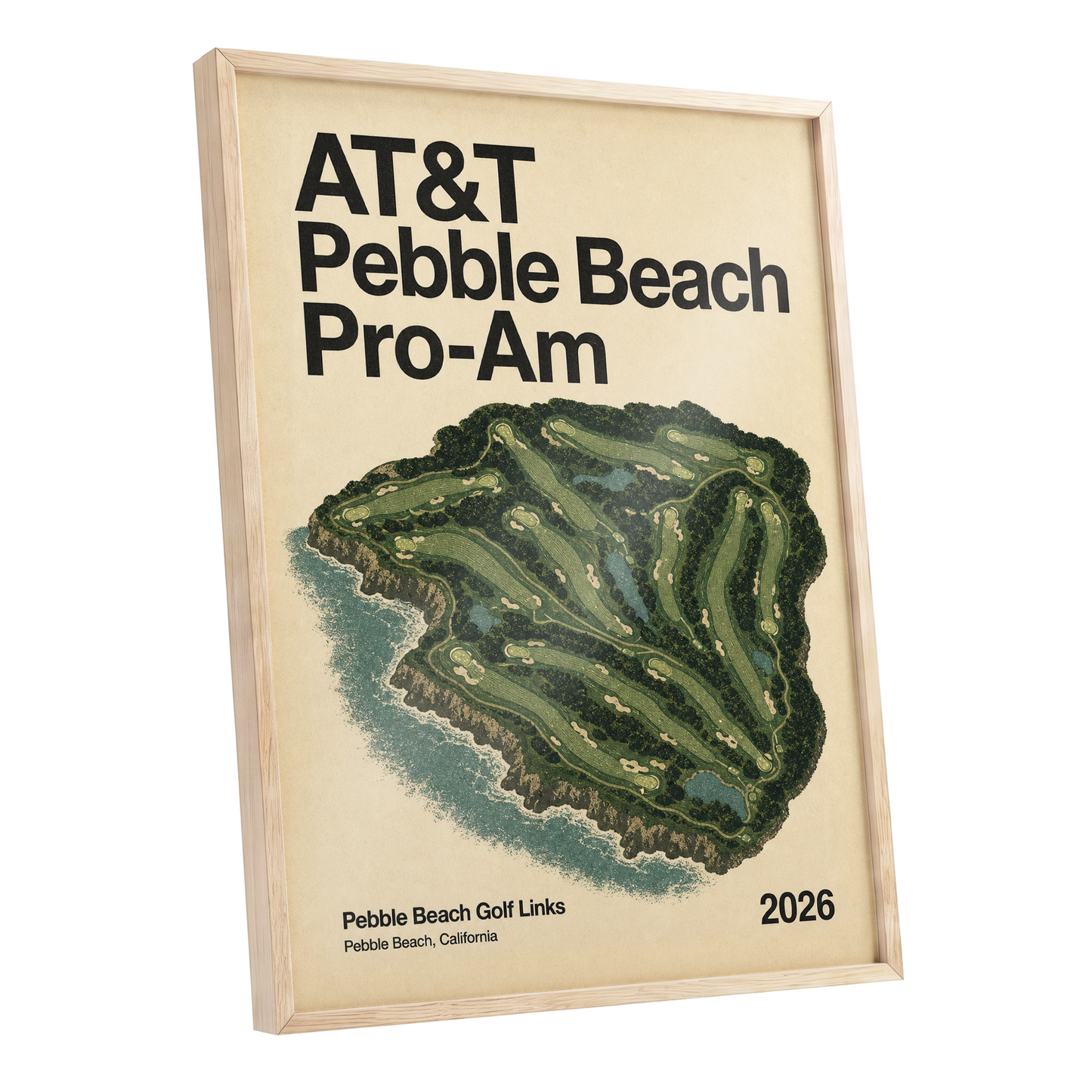 Pebble Beach Fairways, beige, green, black nature wall art shown as a oak framed poster wall art print