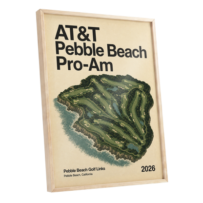 Pebble Beach Fairways, beige, green, black nature wall art shown as a oak framed poster wall art print
