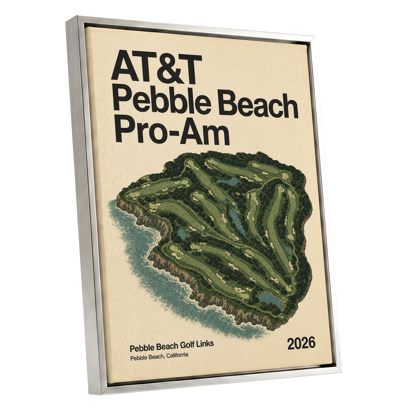 Pebble Beach Fairways, beige, green, black nature wall art shown as a silver framed canvas wall art