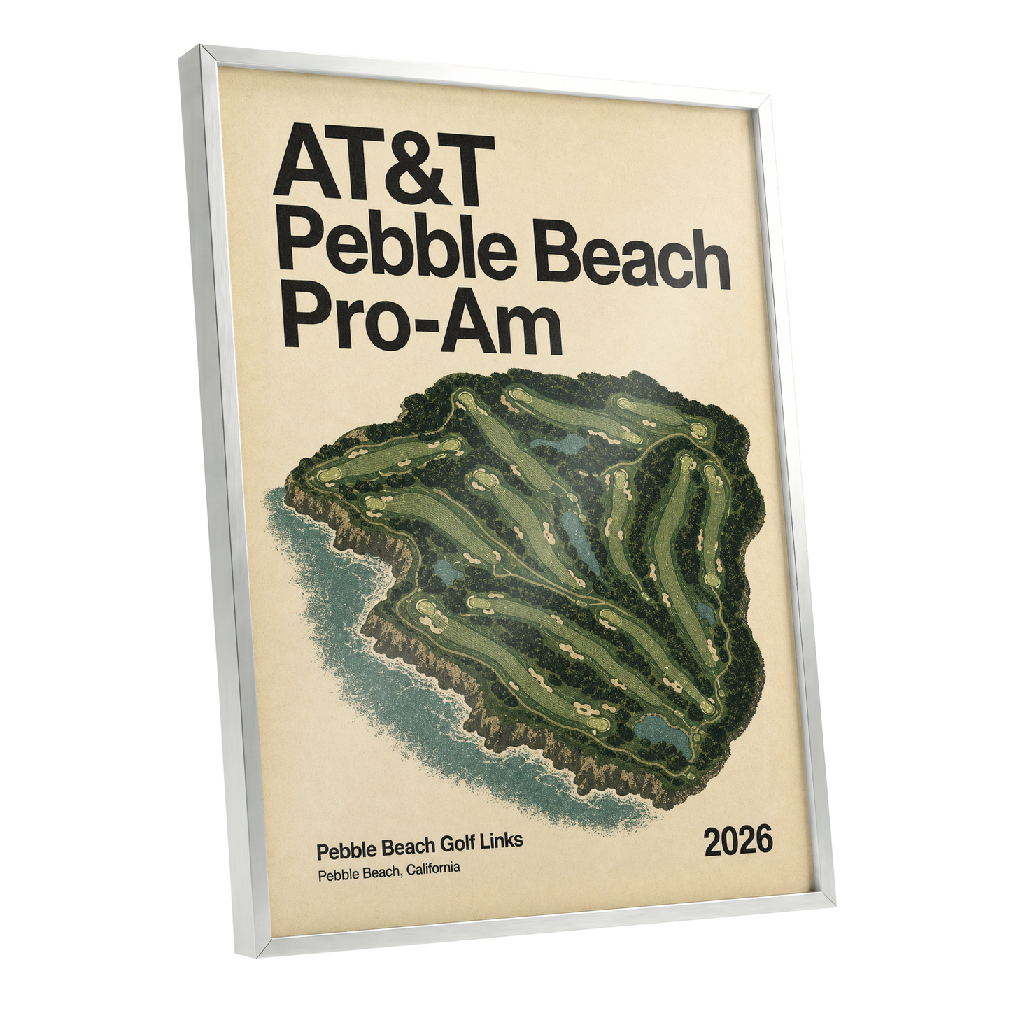 Pebble Beach Fairways, beige, green, black nature wall art shown as a silver framed poster wall art print
