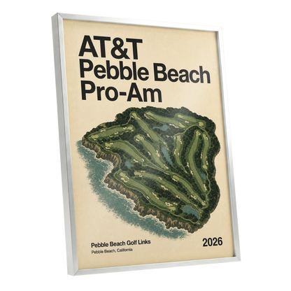 Pebble Beach Fairways, beige, green, black nature wall art shown as a silver framed poster wall art print