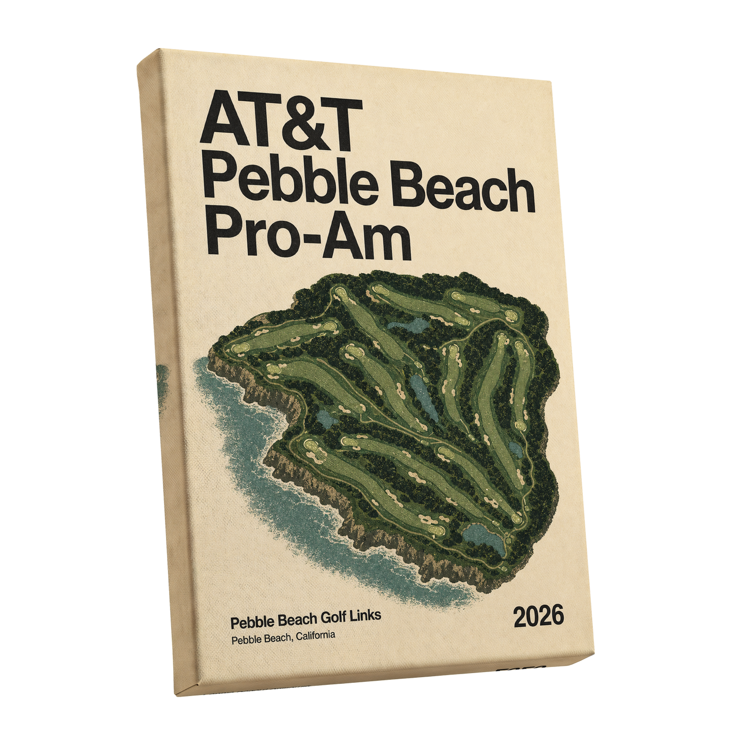Pebble Beach Fairways, beige, green, black nature wall art shown as a stretched canvas wall art