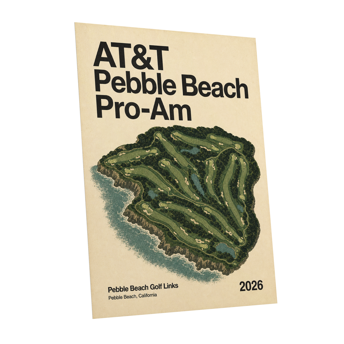 Pebble Beach Fairways, beige, green, black nature wall art shown as a unframed poster wall art print