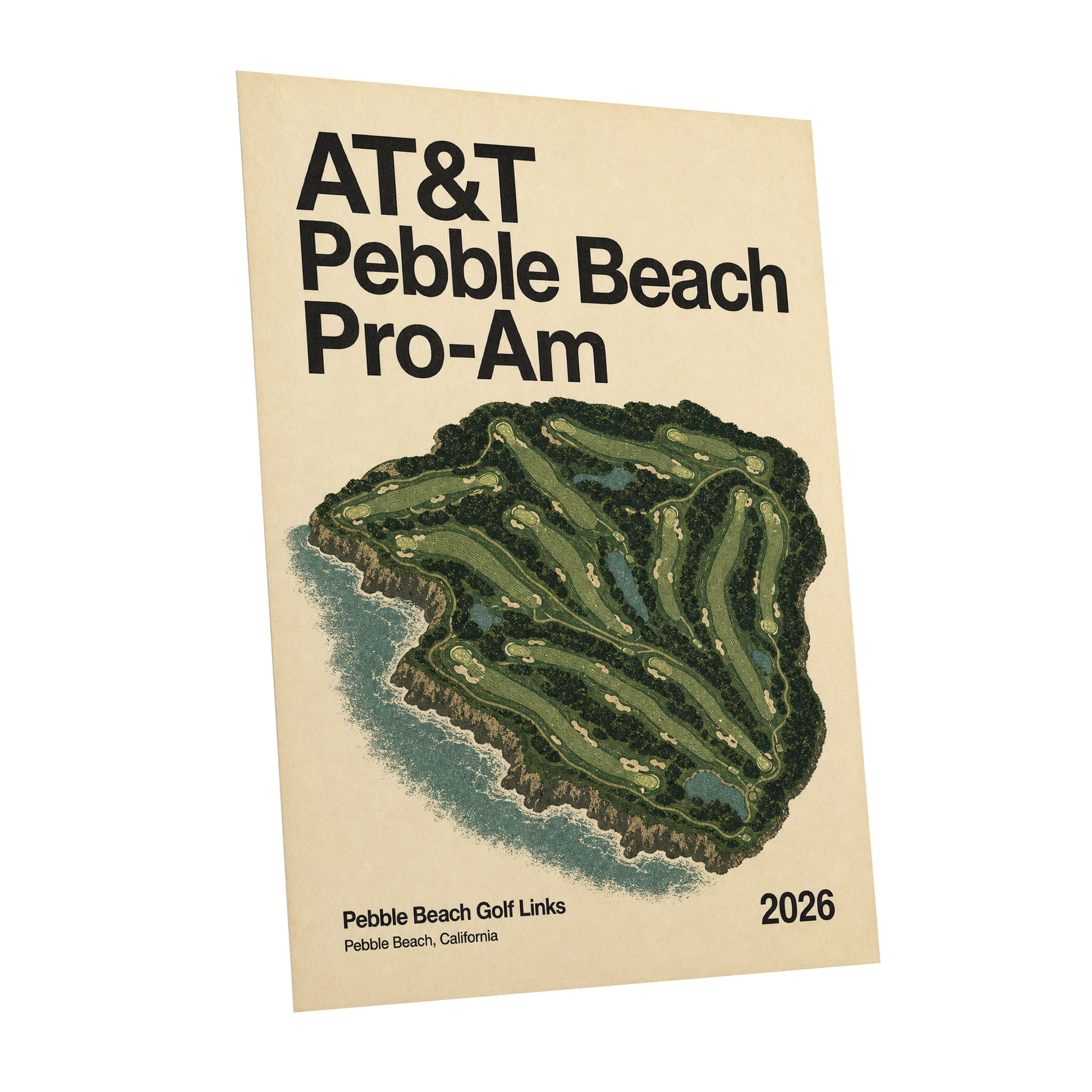 Pebble Beach Fairways, beige, green, black nature wall art shown as a unframed poster wall art print