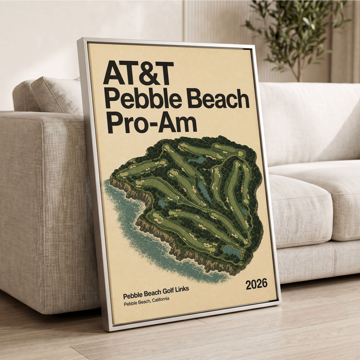 Pebble Beach Fairways, beige, green, black nature wall art displayed in a styled interior, gallery view 2