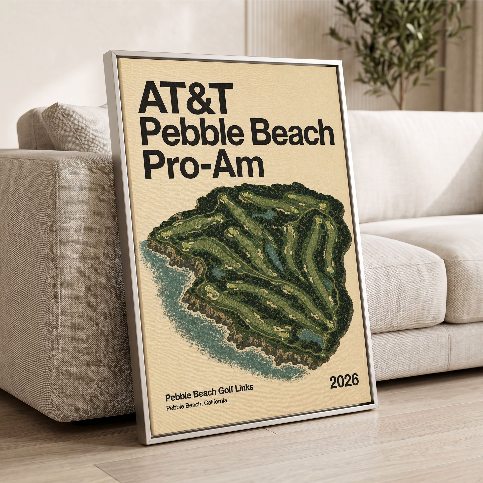 Pebble Beach Fairways, beige, green, black nature wall art displayed in a styled interior, gallery view 2
