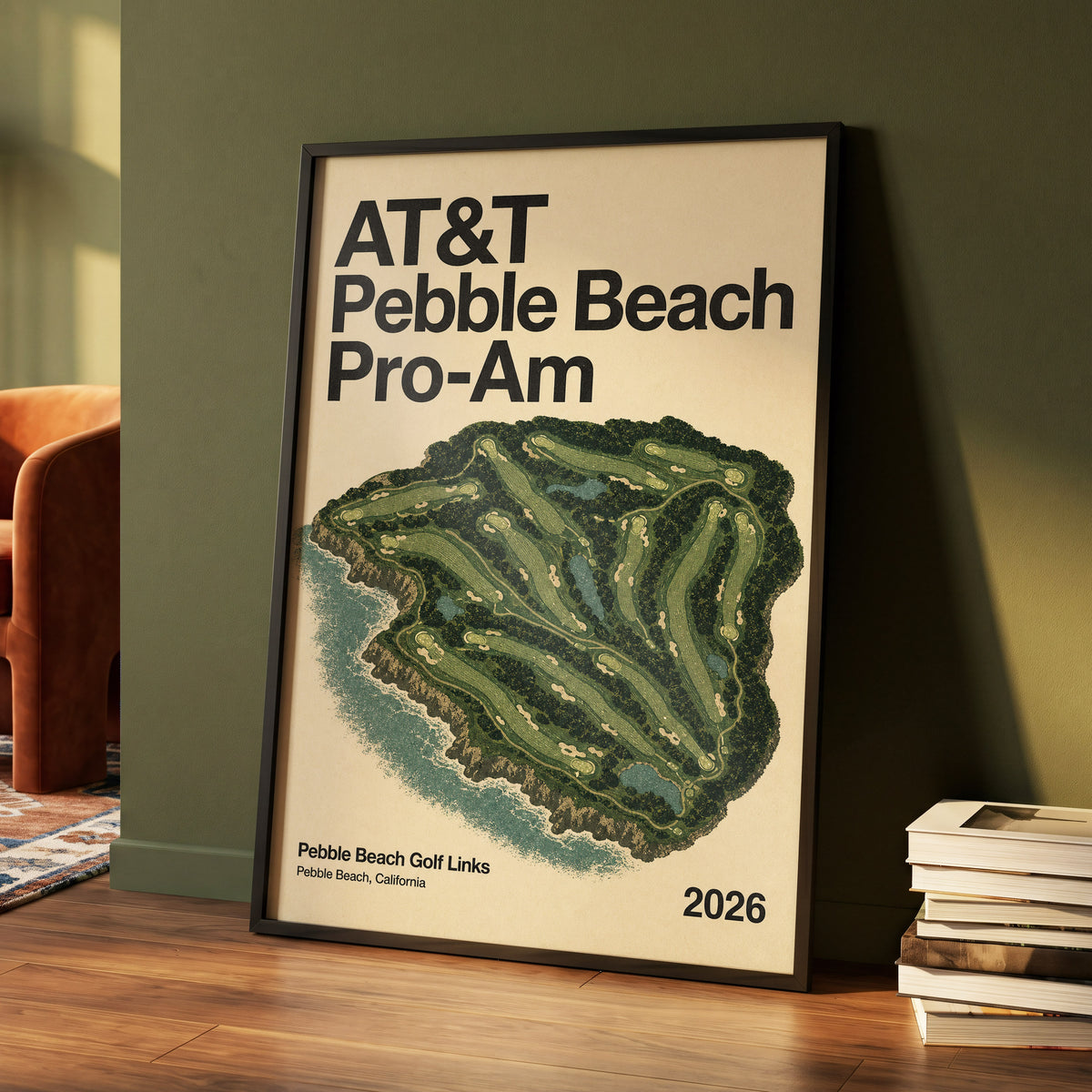 Pebble Beach Fairways, beige, green, black nature wall art displayed in a styled interior, gallery view 4