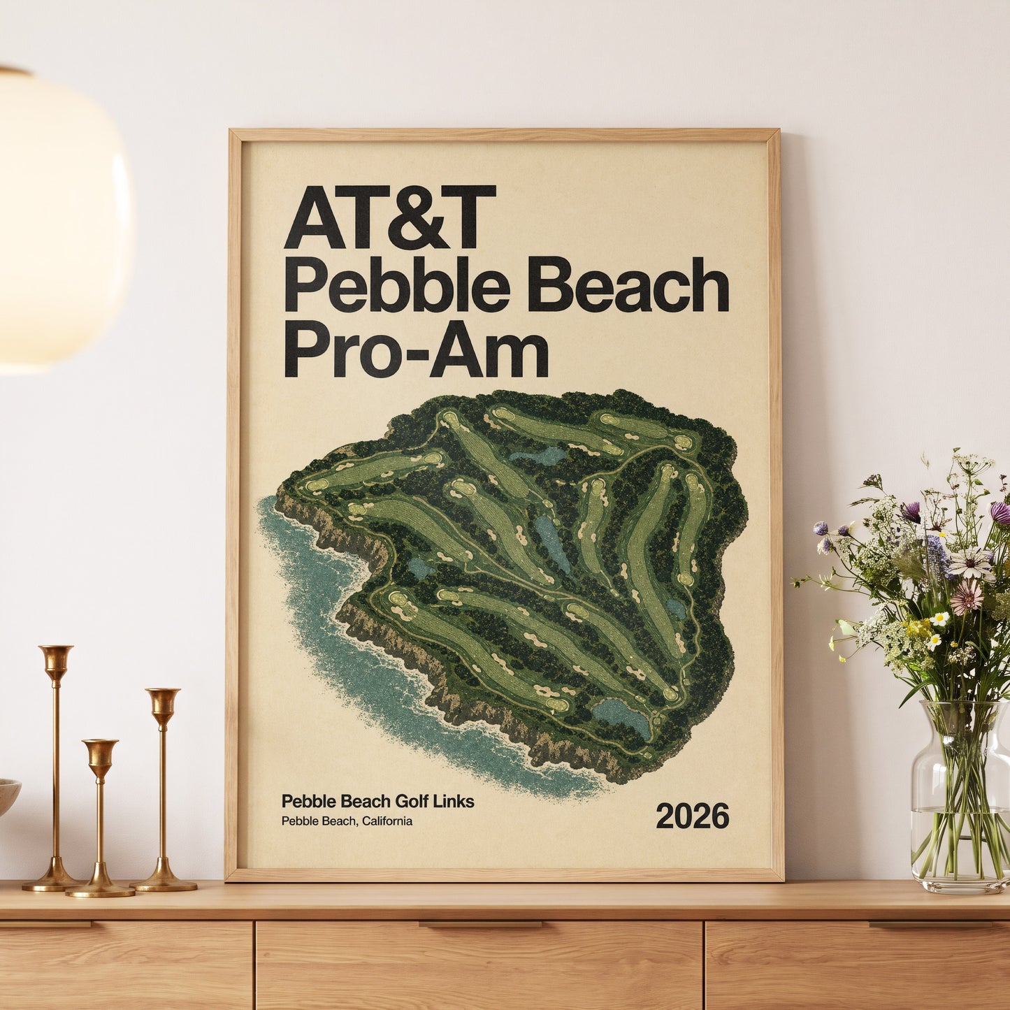 Pebble Beach Fairways, beige, green, black nature wall art displayed in a styled interior, gallery view 5