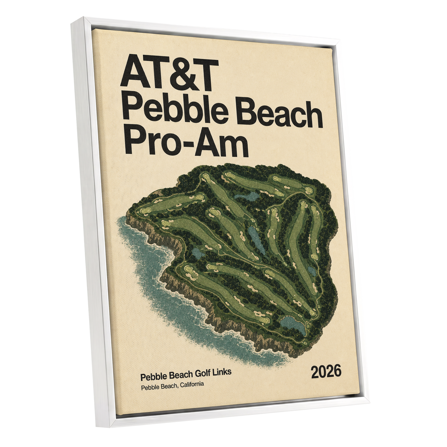 Pebble Beach Fairways, beige, green, black nature wall art shown as a white framed canvas wall art