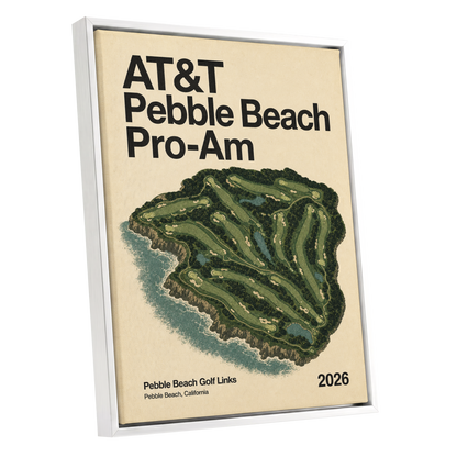Pebble Beach Fairways, beige, green, black nature wall art shown as a white framed canvas wall art