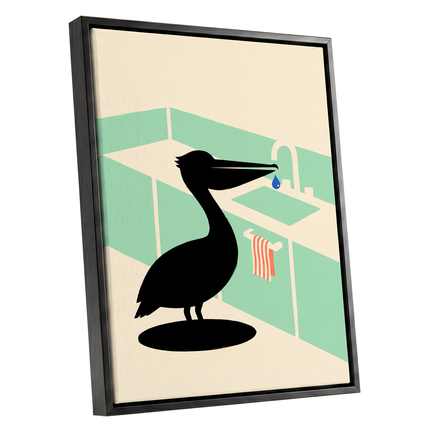 Pelican at the Basin, black, green, beige nature wall art shown as a black framed canvas wall art