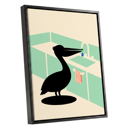 Pelican at the Basin, black, green, beige nature wall art shown as a black framed canvas wall art