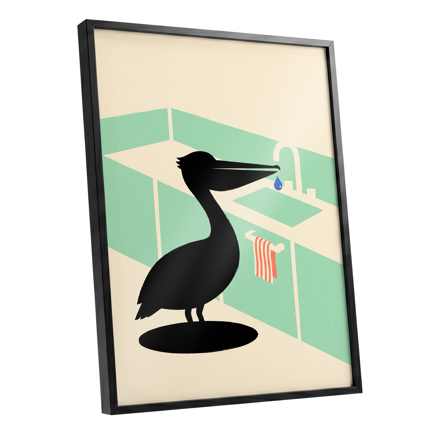 Pelican at the Basin, black, green, beige nature wall art shown as a black framed poster wall art print